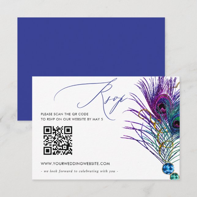 Cartons Réponse CODE QR Plumage de Paon Bleu Violet Or Pailleté (Devant / Derrière)