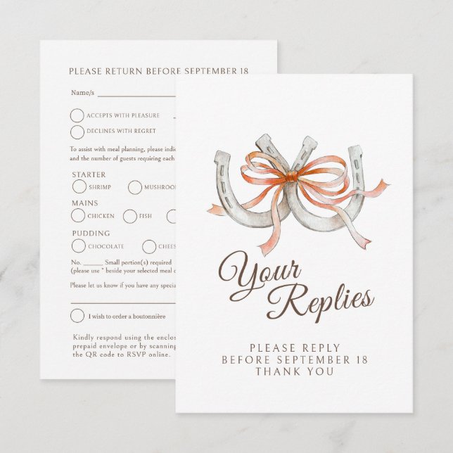 Cartons Réponse Code QR pour le choix du repas de mariage en forme (Devant / Derrière)