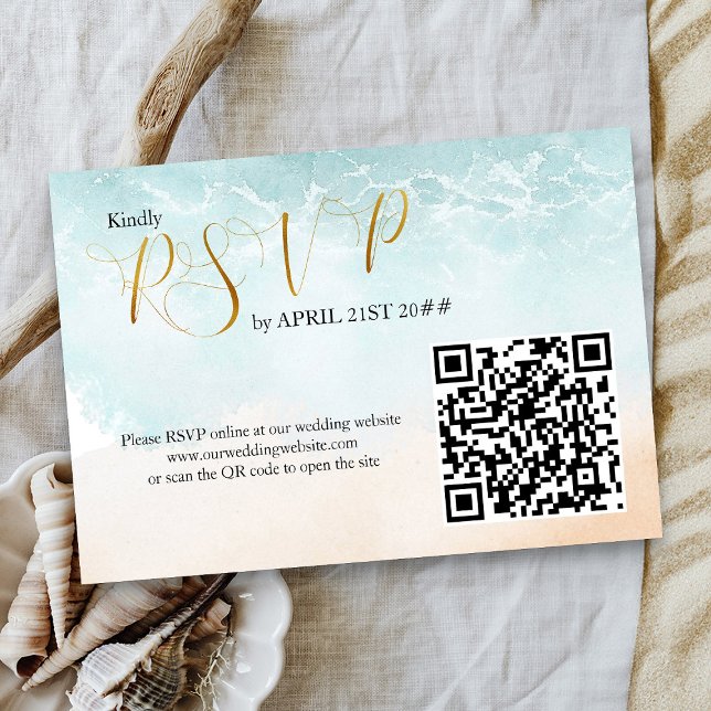 Cartons Réponse Code QR pour mariage de destination sur la plage (Online RSVP with wedding website url and custom QR code - Boho Beach Collection)