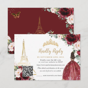 Cartons Réponse Code QR Quinceañera Paris Floral Rose Pâle Or