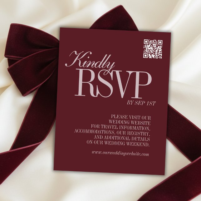 Cartons Réponse Code QR Rouge Bourgogne Écriture Élégante Mariage  (Elegant Script Burgundy Red QR Code Formal Wedding RSVP Card)