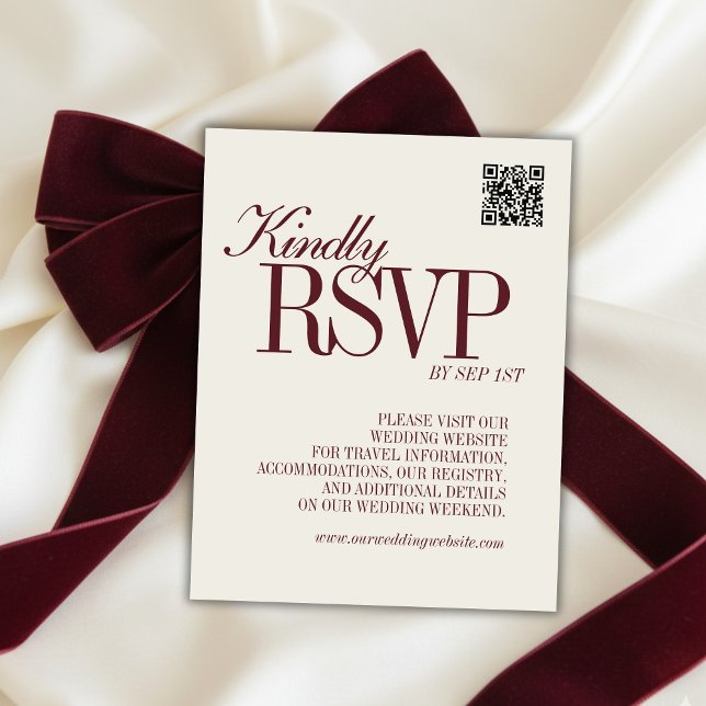 Cartons Réponse Code QR Rouge Bourgogne Écriture Élégante Mariage  (Elegant Script Burgundy Red QR Code Formal Wedding RSVP Card)