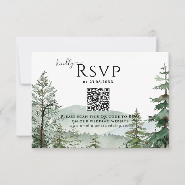 Cartons Réponse Code QR Rustic Mountain Forest Mariage (Devant)