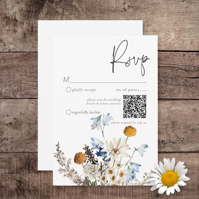 Cartons Réponse Code QR rustique Dusty Blue Fleurs sauvages & datt (Rustic Dusty Blue Wildflowers & Daisies Wedding Response Card)