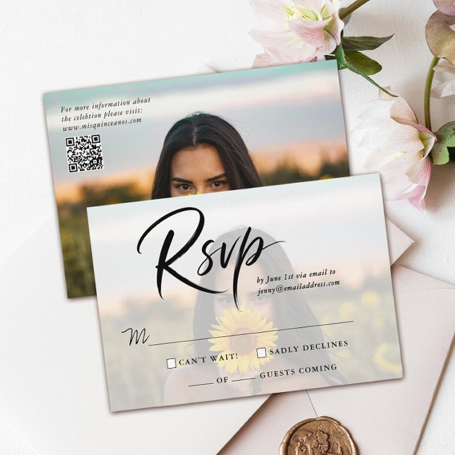 Cartons Réponse Code QR simple photo de Quinceanera et écriture mo (Créateur téléchargé)