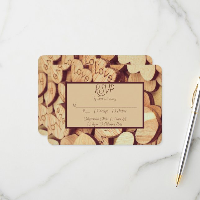 Cartons Réponse Coeur rustique en bois (Devant/Arrière en situation)