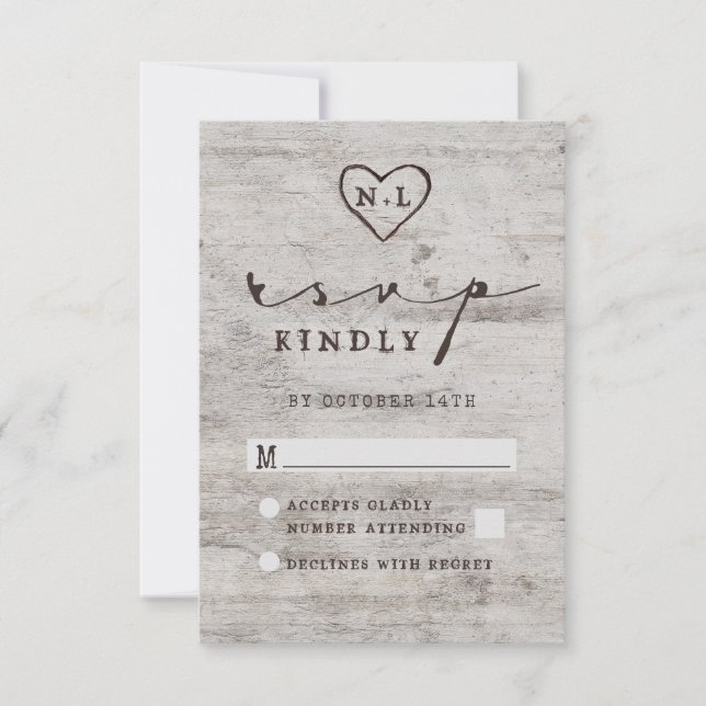 Cartons Réponse Cœurs sculptés de bienvenue Mariage rustique en bo (Devant)
