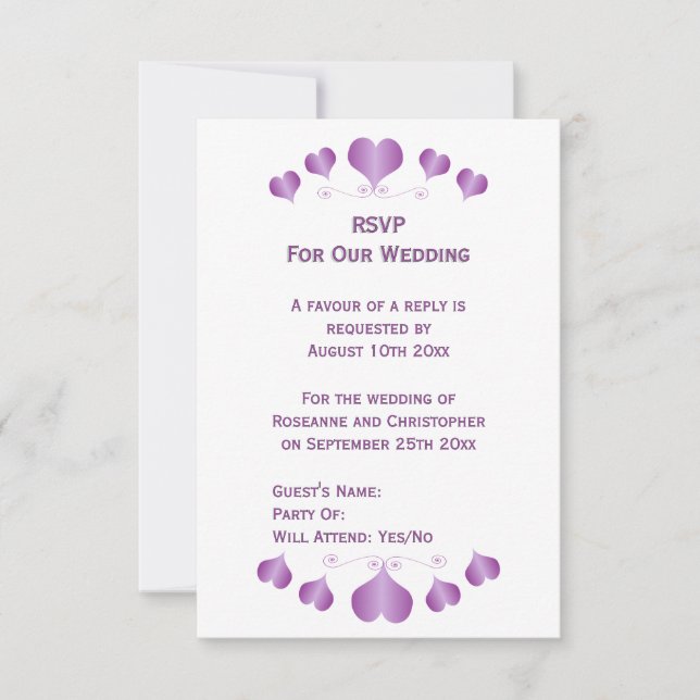 Cartons Réponse Conception de cœurs violets pour un mariage (Devant)