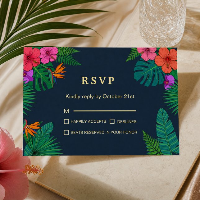 Cartons Réponse Conception Florale Tropicale | Hibiscus & Feuillag (#weddingrsvp #tropicalrsvp #colorful #GreeneryRSVP)