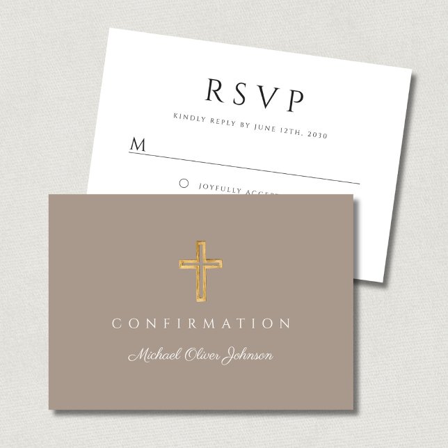 Cartons Réponse Confirmation de la Croix Religieuse Taupe Garçon (Taupe Boy Religious Cross Confirmation RSVP Card)