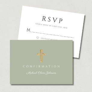 Cartons Réponse Confirmation Garçon Croix Religieuse Vert Sauge