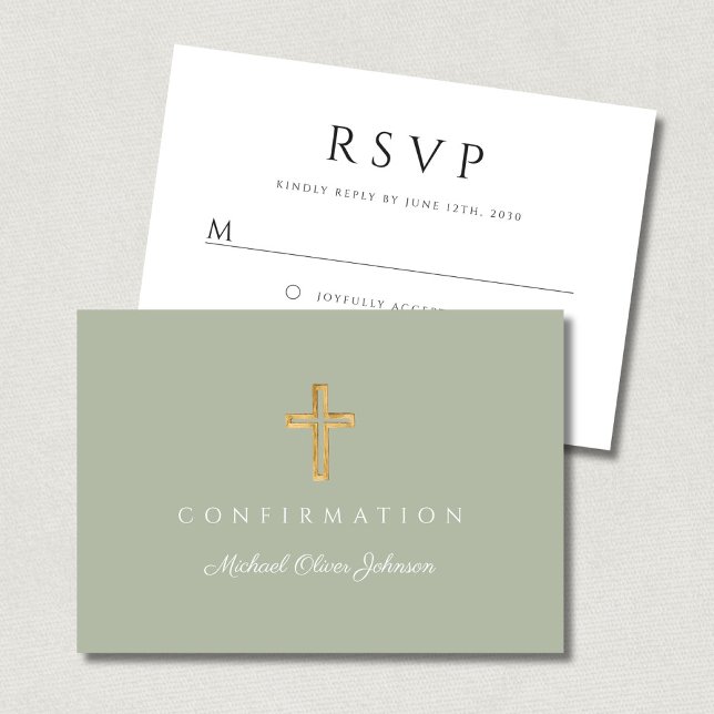 Cartons Réponse Confirmation Garçon Croix Religieuse Vert Sauge (Sage Green Boy Religious Cross Confirmation RSVP Card)