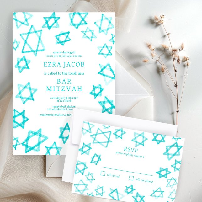 Cartons Réponse Cool aquarelle Aqua Star de David Bar Bat mitzvah (Watercolor Cool Aqua Star of David Bar Bat Mitzvah RSVP Card
)
