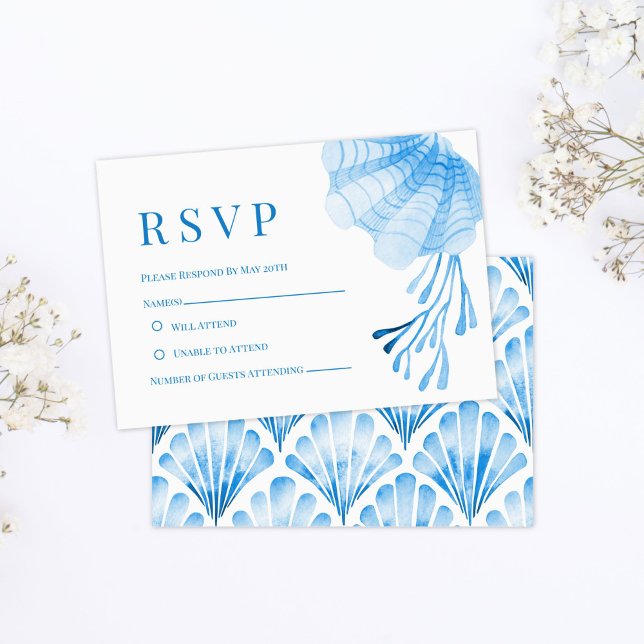 Cartons Réponse Coquillage et corail à l'aquarelle bleue  (Blue Watercolor Seashell and Coral RSVP Card)
