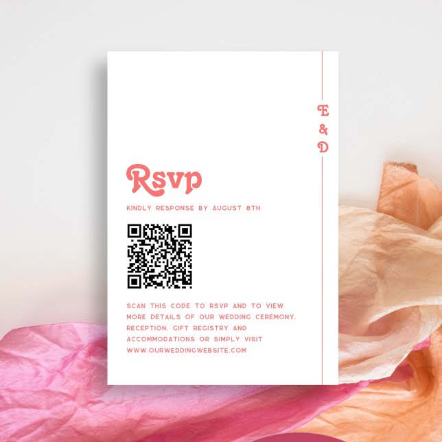 Cartons Réponse Corail d'été rétro Pink Monogramme Mariage QR Code (Créateur téléchargé)