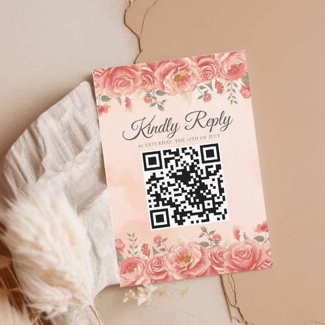 Cartons Réponse Corail romantique Roses aquarelle QR Code Mariage (Créateur téléchargé)
