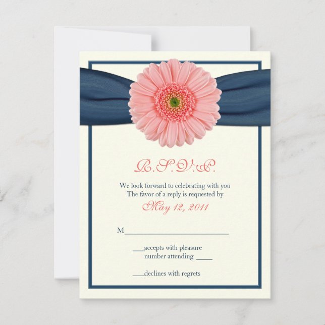 Cartons Réponse Coral Gerbera Daisy Navy Ribbon Response Card (Devant)