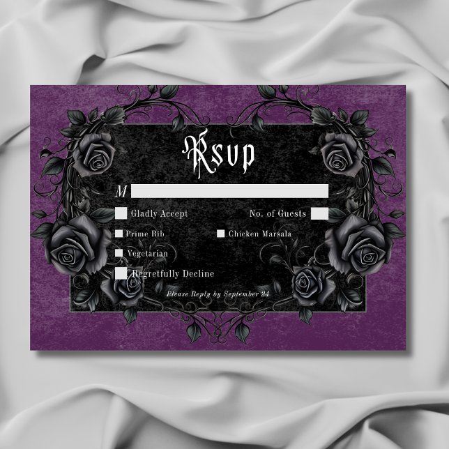 Cartons Réponse Corbeau noir gothique et dîner violet Rose (Gothic Black Raven & Roses Purple Dinner RSVP Card)