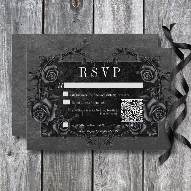 Cartons Réponse Corbeau noir gothique et Rose noir Mariage QR Code (Gothic Black Raven & Black Roses Wedding QR Code RSVP Card)