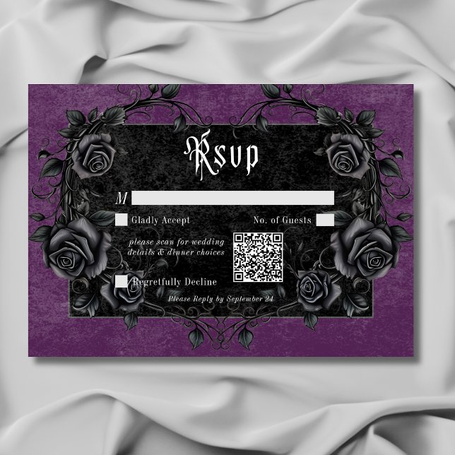 Cartons Réponse Corbeau noir gothique et Rose violet code QR (Gothic Black Raven & Roses Purple QR Code RSVP Card)