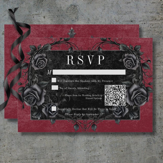 Cartons Réponse Corbeau noir gothique et vin Rose noir Code QR (Gothic Black Raven & Black Roses Wine QR Code RSVP Card)