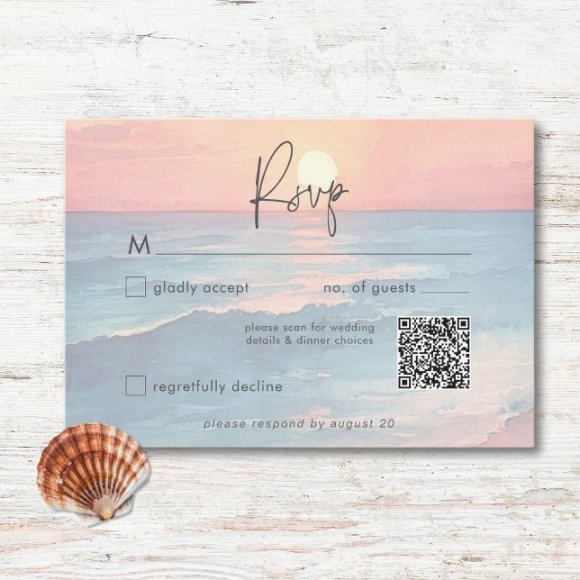 Cartons Réponse Coucher de soleil océanique moderne aquarelle mari (Modern Ocean Sunset Watercolor Beach Wedding RSVP Card)