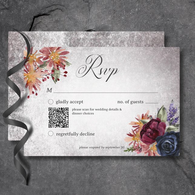 Cartons Réponse Couleurs gothiques rustiques Code QR Mariage Hallo (Rustic Gothic Colors Halloween Wedding QR Code RSVP Card)