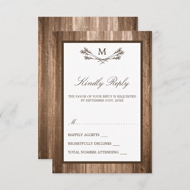 Cartons Réponse Country Rustic Monogram Branche & Mariage bois (Devant / Derrière)