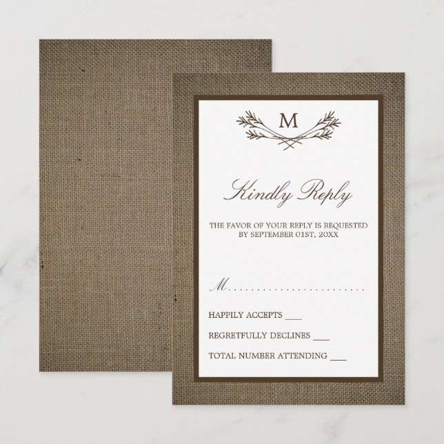Cartons Réponse Country Rustic Monogramme Branche & Mariage Burlap (Devant / Derrière)