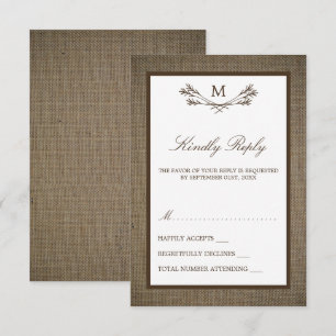 Cartons Réponse Country Rustic Monogramme Branche & Mariage Burlap