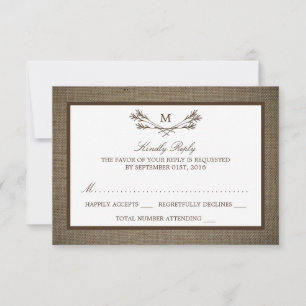 Cartons Réponse Country Rustic Monogramme Branche & Mariage Burlap