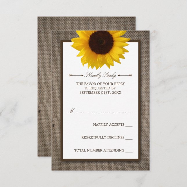 Cartons Réponse Country Rustic Tournesol & Mariage Burlap (Devant / Derrière)