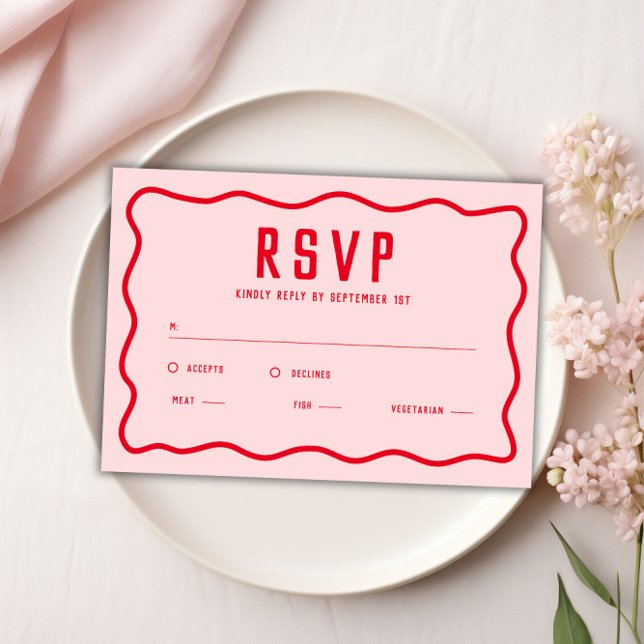 Cartons Réponse Courbe rétro brillante rouge rose brillant (Bold Bright Pink Red Squiggle Wavy Retro Curve RSVP Card)