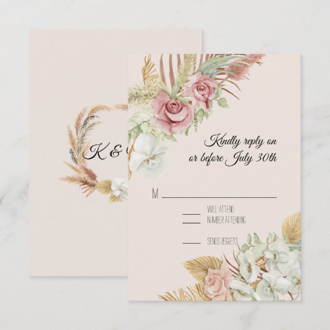 Cartons Réponse Couronne de bienvenue BOHO Blush Pampas Feuillage  (Devant / Derrière)