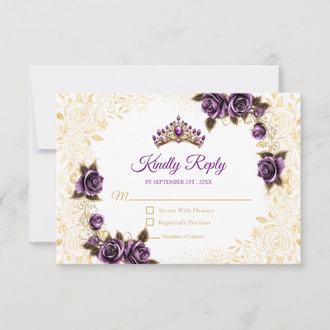 Cartons Réponse Couronne de fleurs de tiara dorée violette pour Qu (Devant)