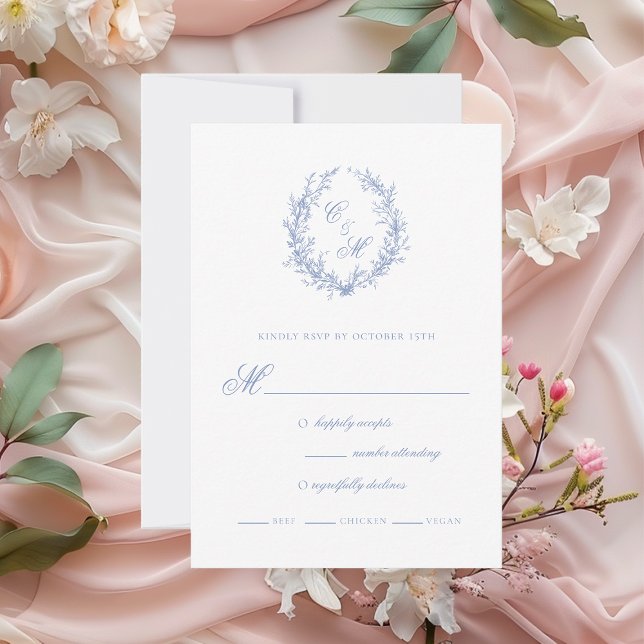 Cartons Réponse Couronne de mariage en bleu poussiéreux avec monog (Créateur téléchargé)