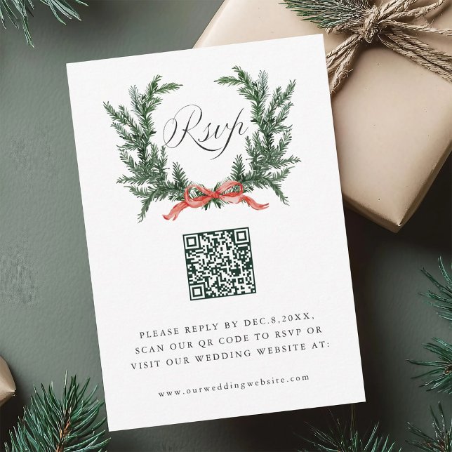 Cartons Réponse Couronne de mariage en pin Evergreen avec code QR (Créateur téléchargé)
