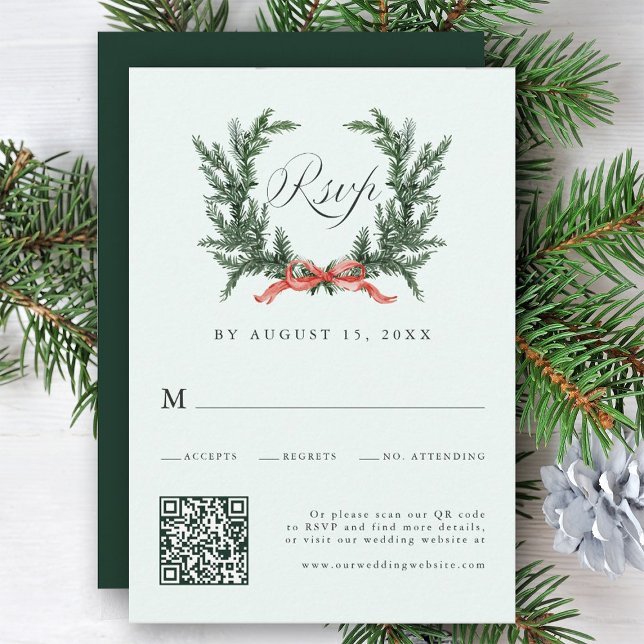 Cartons Réponse Couronne de pin aquarelle mariage code QR vert men (Créateur téléchargé)