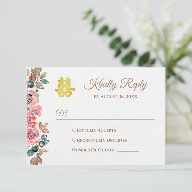 Cartons Réponse Couronne florale rose rustique pour mariage chinoi (Debout devant)