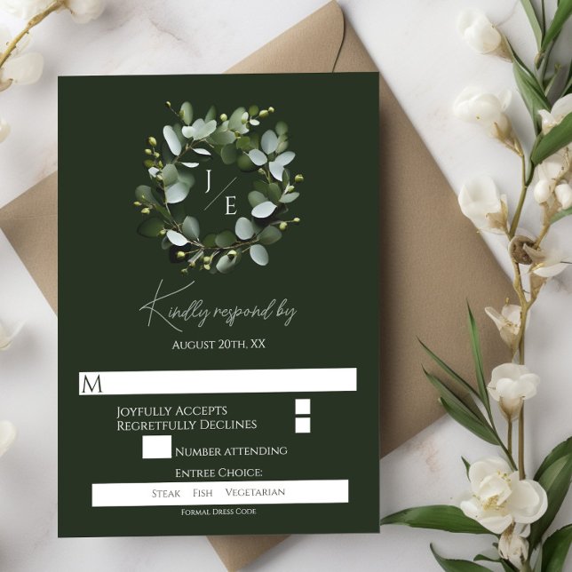 Cartons Réponse Couronne Monogramme Eucalyptus moderne | Vert Fonc (Dark Green Modern Monogram Eucalyptus Wreath Wedding RSVP)