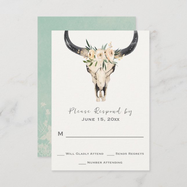 Cartons Réponse Crâne floral Boho avec Mariage turquoise clair (Devant / Derrière)