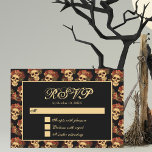 Cartons Réponse Crâne gothique Rouge Rose Noir Halloween Mariage<br><div class="desc">Cette carte RSVP de mariage gothique comporte un motif de crânes déplaisants flottant dans un abîme noir derrière votre texte. Chaque crâne est orné de roses rouges pour votre occasion romantique. Leurs yeux vides d'âme sont fortement contrastés contre la couronne rose goth et les bouquets de fleurs mortes. Une tournure...</div>
