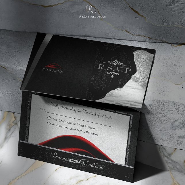 Cartons Réponse Cravate noire de diamant (Black Tie Diamond RSVP, featuring tuxedo and gown design with diamond love knot and fleur-de-lis.)