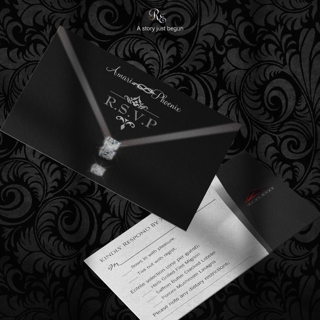 Cartons Réponse Cravate noire R.S.V.P. (RSVP card, featuring a bow-tie martini design and tuxedo-inspired response card.)