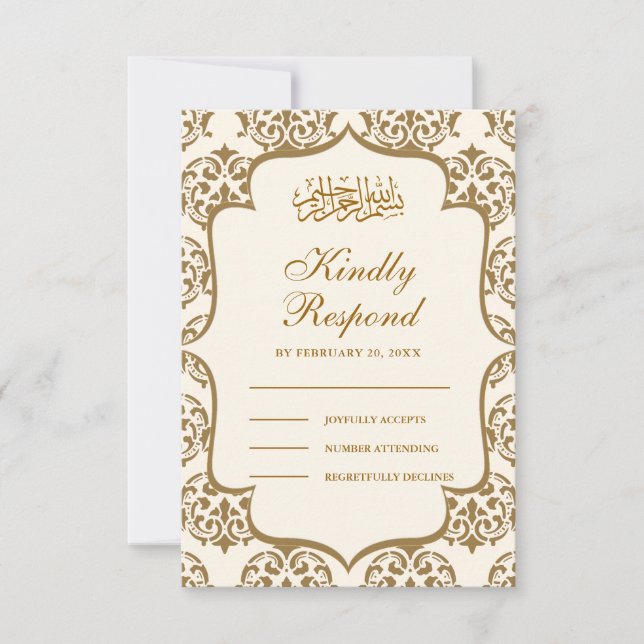 Cartons Réponse Crème et or Damask Mariage musulman islamique (Devant)