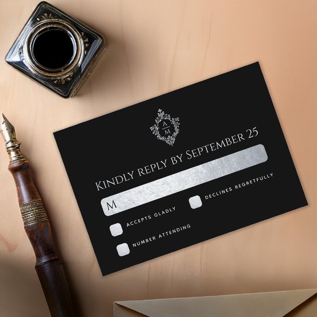 Cartons Réponse Crest Black Faux Argent Mariage Monogramme Élégant (Créateur téléchargé)