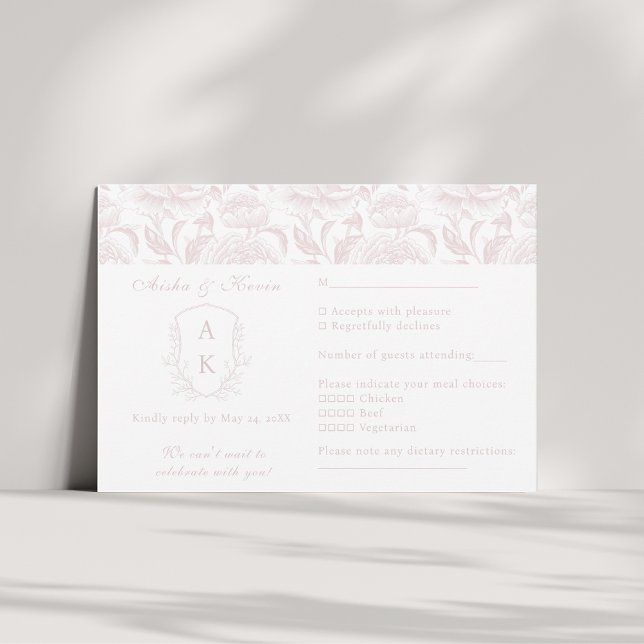 Cartons Réponse Crest Monogram Blush Pink paysage Mariage (Créateur téléchargé)