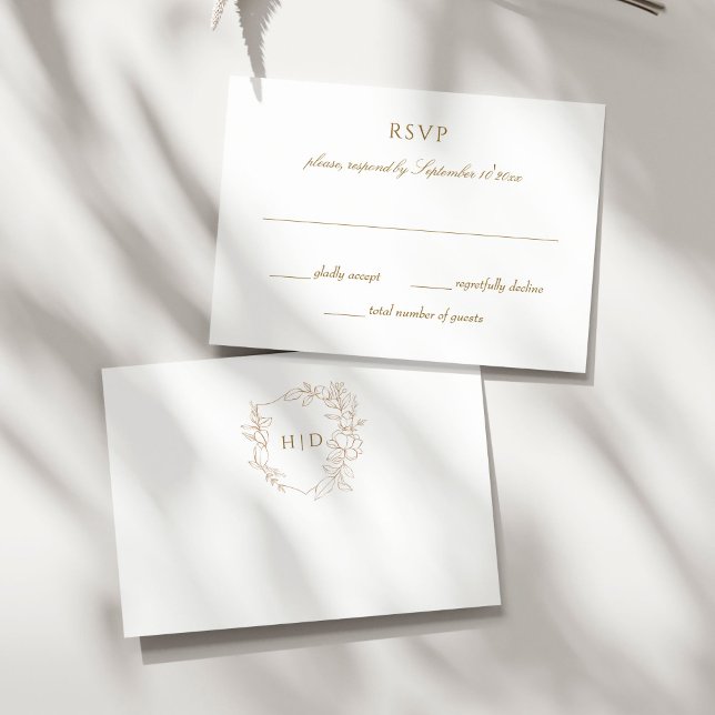 Cartons Réponse crête mariage or botanique simple élégant (Wedding crest botanical gold simple elegant minimalist RSVP cards monogram gold and white RSVP)