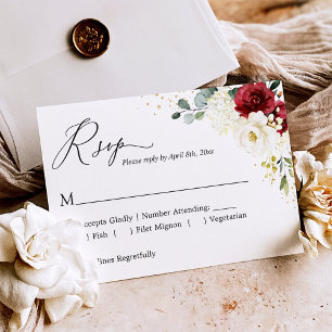 Cartons Réponse Crimson Rouge Blanc Floral Or Confetti Mariage