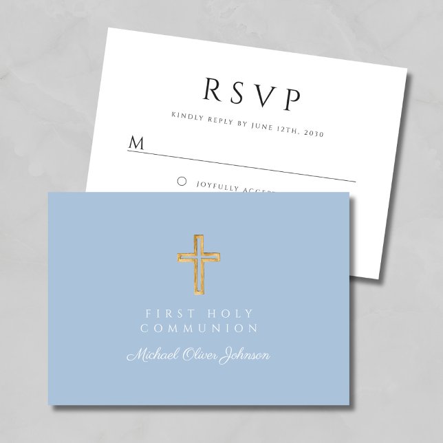 Cartons Réponse Croix religieuse Bébé Bleu Garçon Première Communi (Religious Cross Baby Blue Boy First Communion RSVP Card)